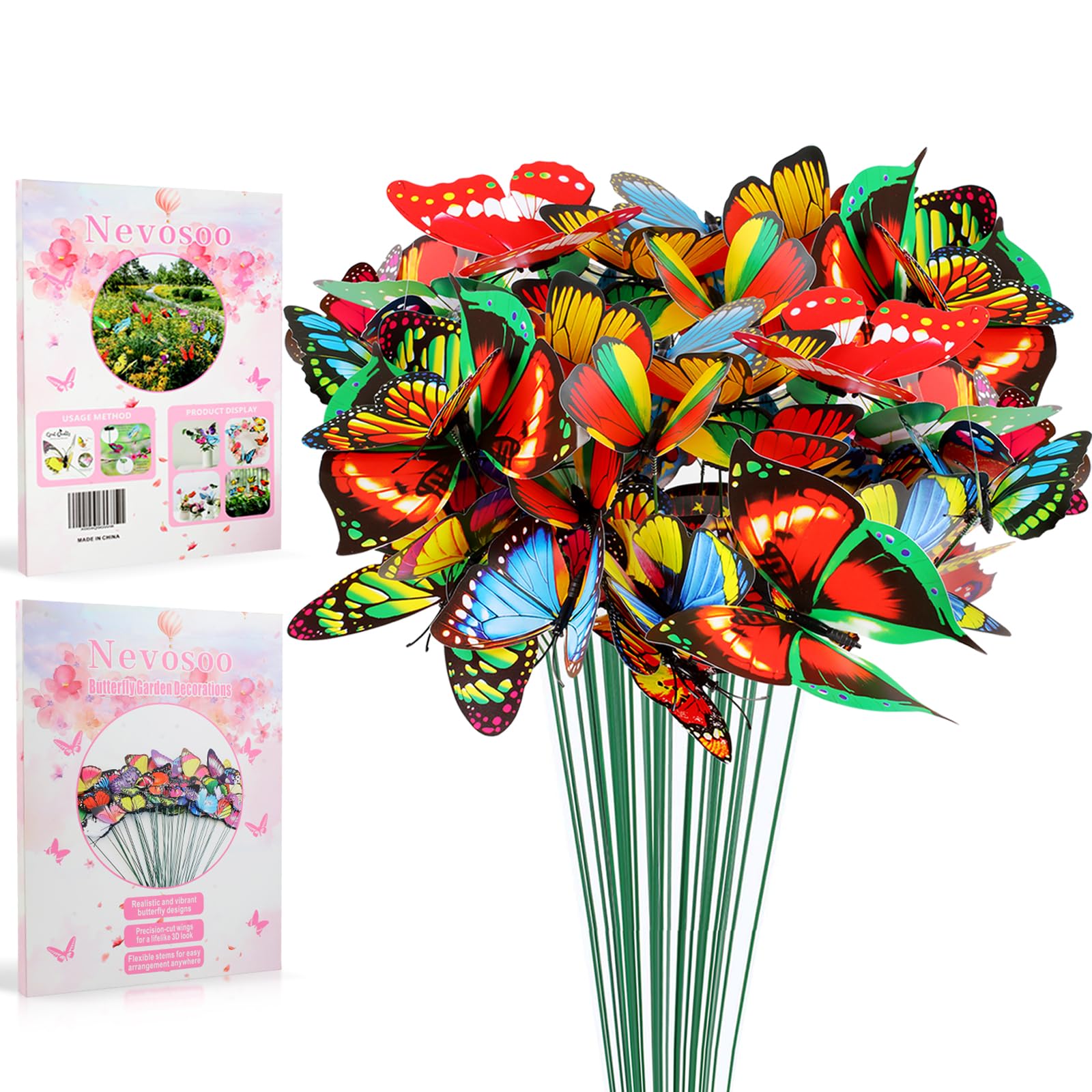 Photo 1 of 50 Pack Vivid Butterfly Garden Stakes in Assorted Sizes | Waterproof PVC Outdoor Decorations for Yard, Patio & Planters | Lifelike 3D Garden Art & Party Décor