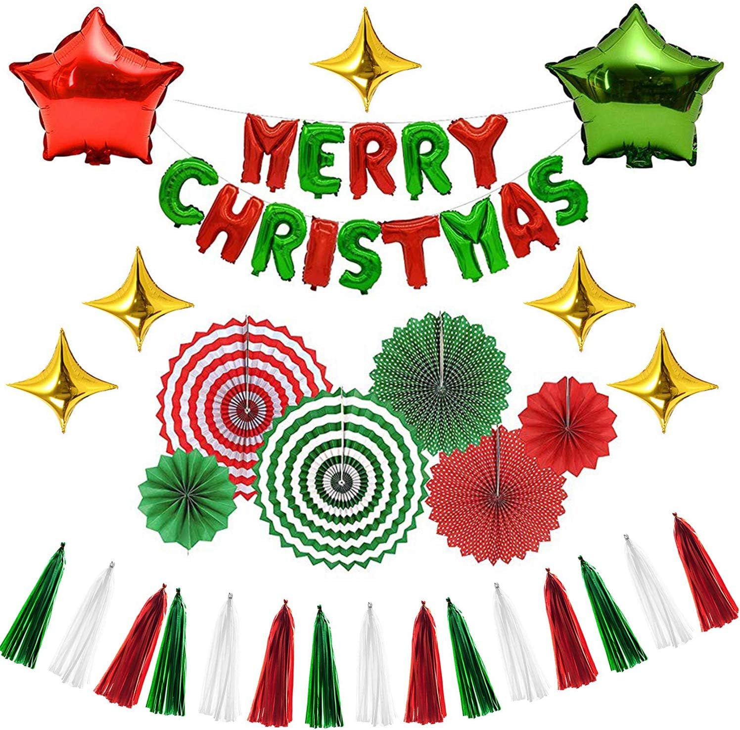 MAFENT Christmas Decorations Set Paper Fringe Red Green Fanflowers Merry Chirstmas Ballon Letters Tetragonal Balloon For Christmas Holiday Party Decor