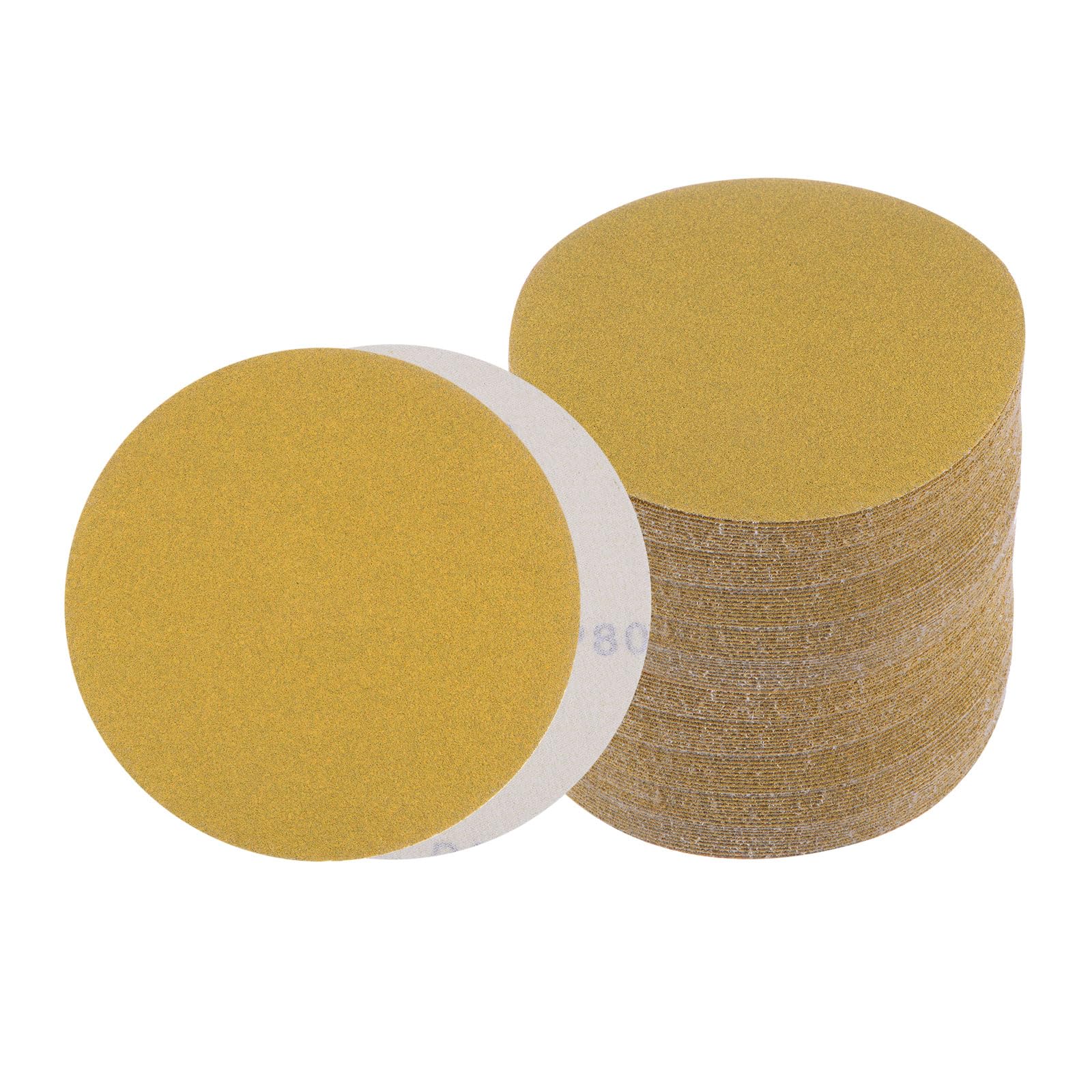 Kozelo 100pcs No Hole Sanding Discs- [ 6 Inch 80 Grit ] Round Hook and Loop Grip Sanding Pads Sandpaper for Automotive Woodworking Metal Polishing Use| Gold, Aluminum Oxide