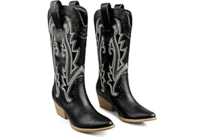 Zzheels Women Mid-calf Cowboy Boots Pointy Toe Boots Embroidered Western Cowgirl Boots Chunky Heels