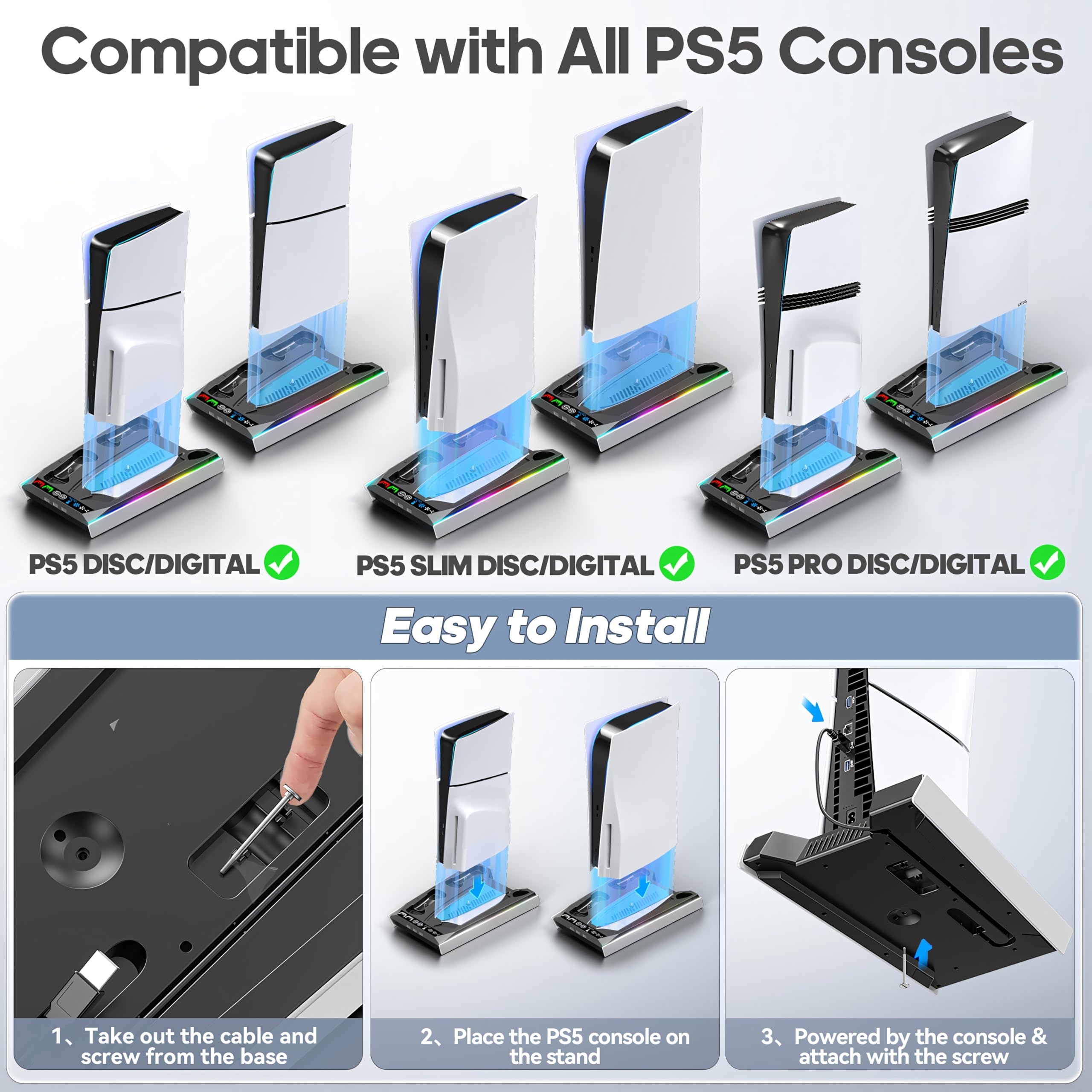 Tokluck PS5/PRO/Slim Ständer mit Automatisch Einstellbarer 3-Stufen-Lüfter für Alle PS5 Konsole, PS5 Standfuß und Controller Ladestation für PS5 & Edge Controller, PS5 Zubehörset 2
