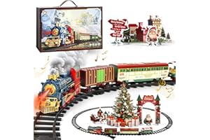 Christmas Steam Electric Train Set Gifts Box with Track, Lights, Music, Smoke, USB Rechargeable Battery,Includes Locomotive a