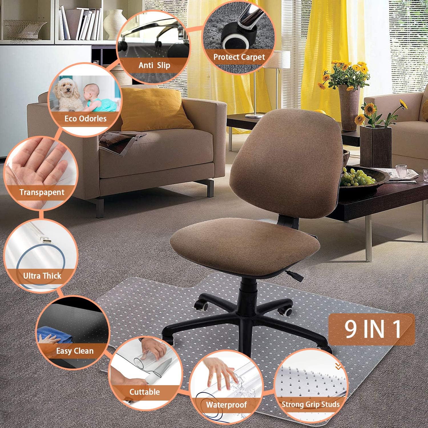 Chair Mat, Transparent Mats for Chairs, Floor Chair Mat, Premium Studded Chair Mat for Carpeted Floor, Heavy Duty & Easy Glide, Hard-Floor Protector with Lip for Floor-48x36inch : Office Products
