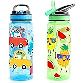 Home Tune 23oz Kids Water Drinking Bottle 2 Pack - BPA Free, Flip Straw Lid Cap, Lightweight, Carry Handle, Leak-Proof Water Bottle with Cute Design For Girls & Boys - Dinosaur & Fruit