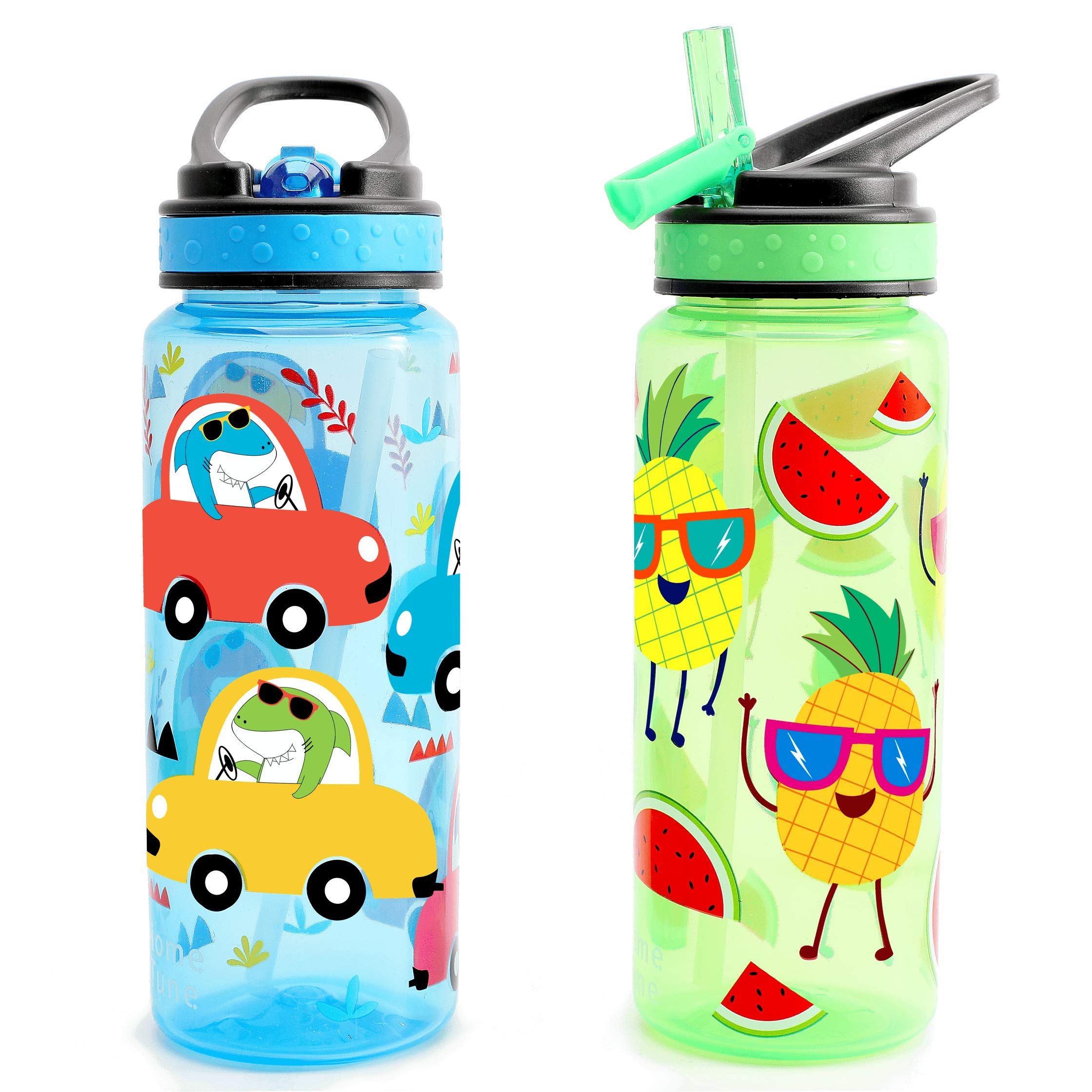 Home Tune Kids Water Drinking Bottle (680ml) - BPA Free, Flip Straw Lid Cap, Lightweight, Carry Handle, Leak-Proof Water Bottle with Cute Design For Girls & Boys - 2 Pack Dinosaur & Fruit