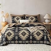 Wake In Cloud - Western Quilt Set, Southwestern Rustic Farmhouse Style with Aztec Geometric Pattern, Reversible Lightweight Bedspread Coverlet, 3 Pieces, Black Brown, Queen/Full Size
