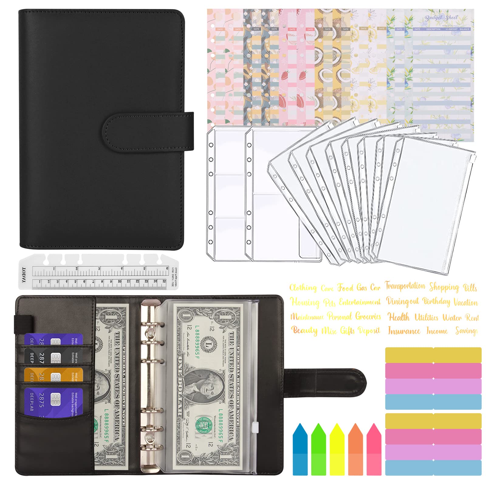 MARICATO Budget Binder - 29pc A6 Binder with Money Saving Wallet, Cash Organizer, Leather Notebook Planner, Cash Envelopes, Budget Sheets & Label Stickers - Black