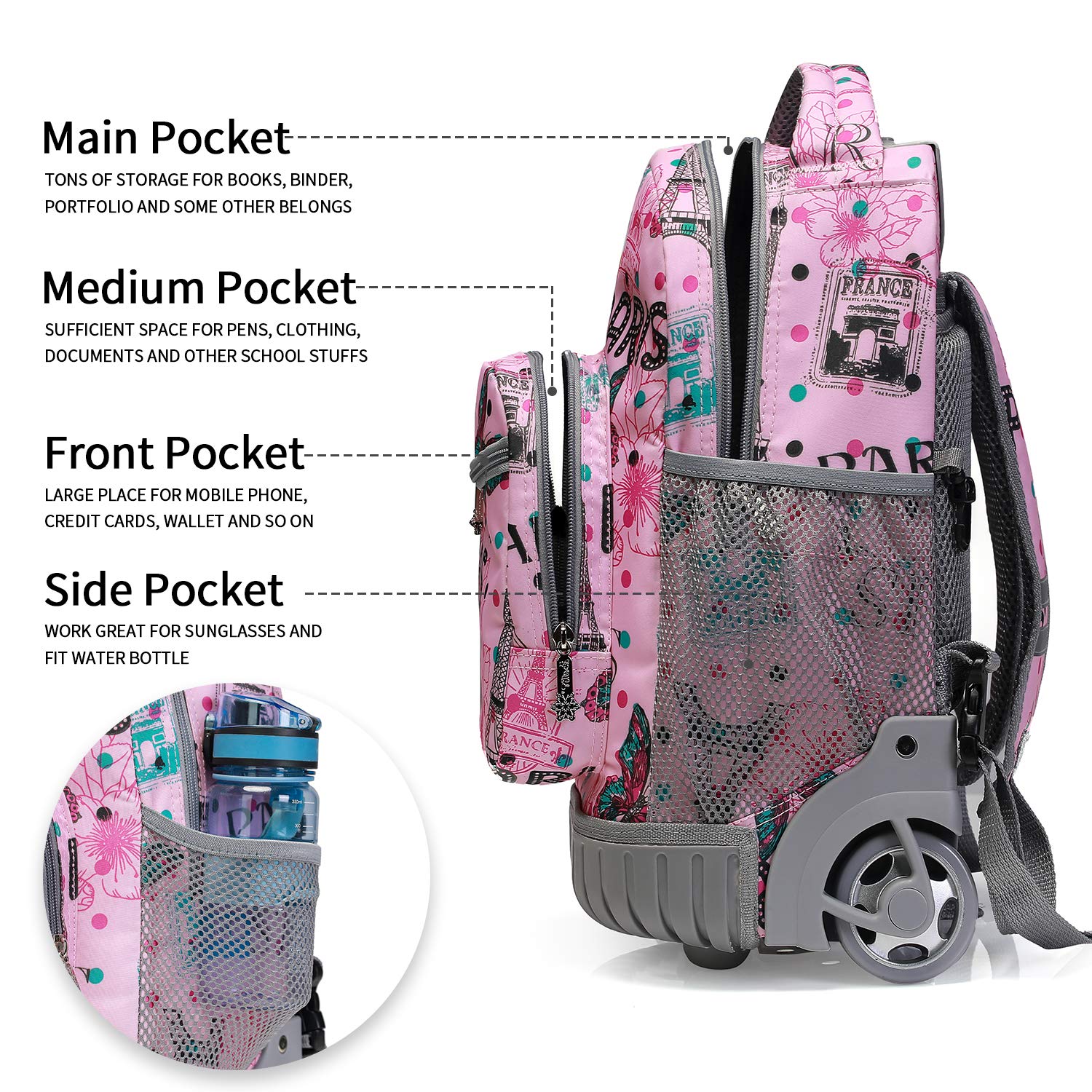 Tilami Rolling Backpack 16 Inch School College Travel Carry-on Backpack Boys Girls, Travel