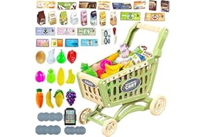 Yeeyuue [Newest] Kids Shopping Cart Toy, Toddler Shopping Cart with 64 PCS Shop Accessories & Storage Properties, Included Grocery Cart Toy, Credit Card, Pretend Fruit Vegetables (Green-1)