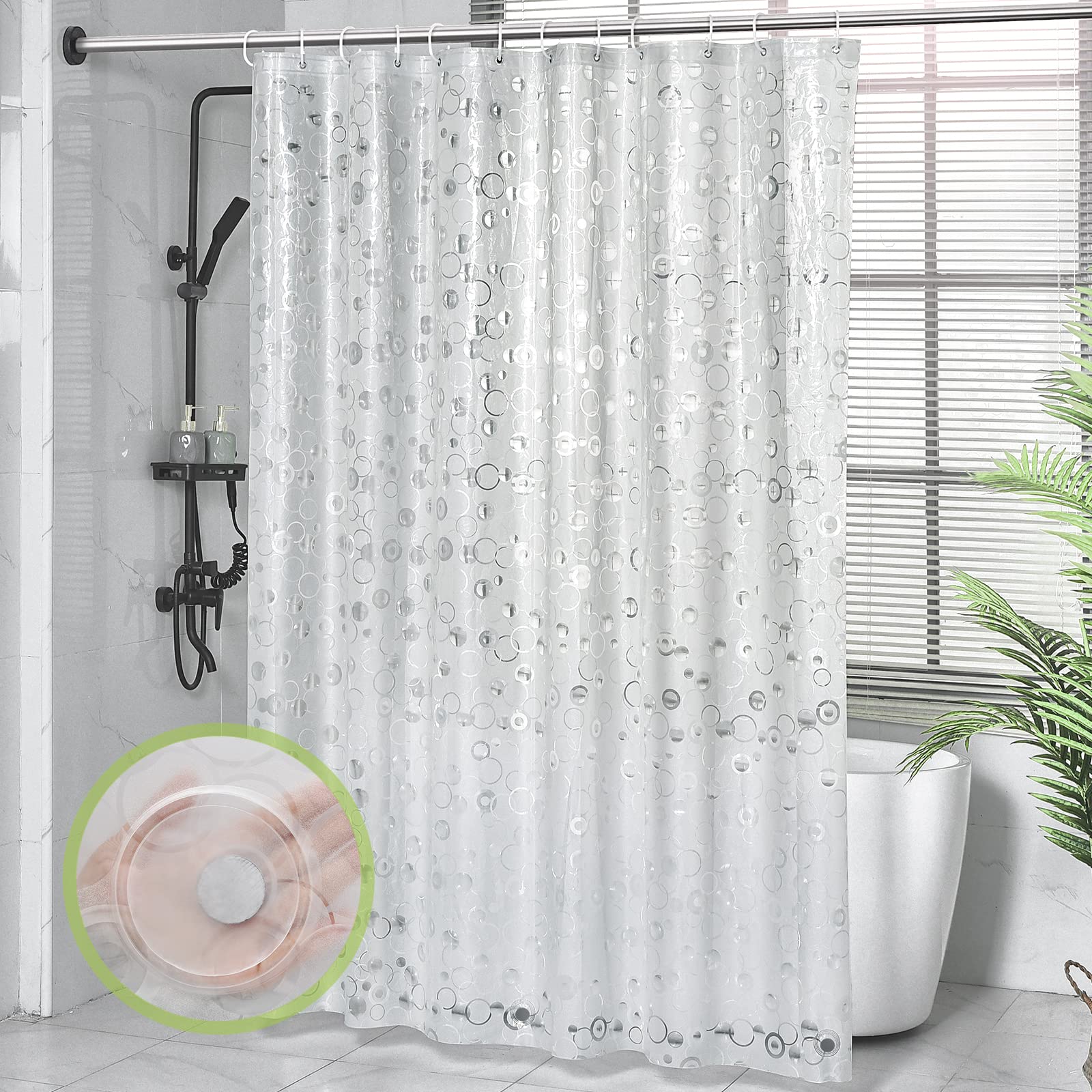 OTraki Shower Curtain 180 x 200cm, EVA Clear Shower Curtains Waterproof Mold Proof Shower Curtain with Magnets Hooks Long Shower Curtains for Bathroom Wet Room