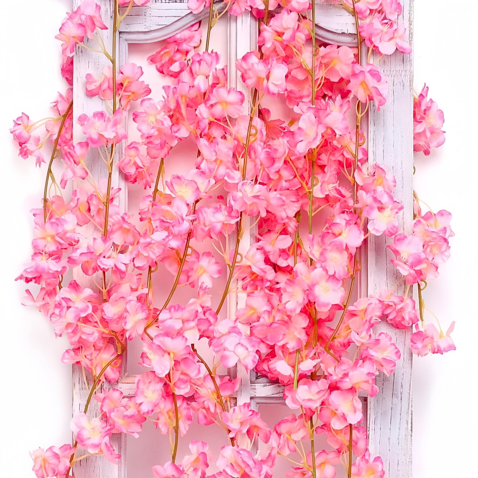 Photo 1 of ASTRYAS 2Packs Artificial Cherry Blossom Flower Vines Pink Artificial Flower Garland Vines Silk Hanging Sakura Garland for Wedding Garden Arch Wall Home Party Japanese Kawaii Decor (Deep Pink)