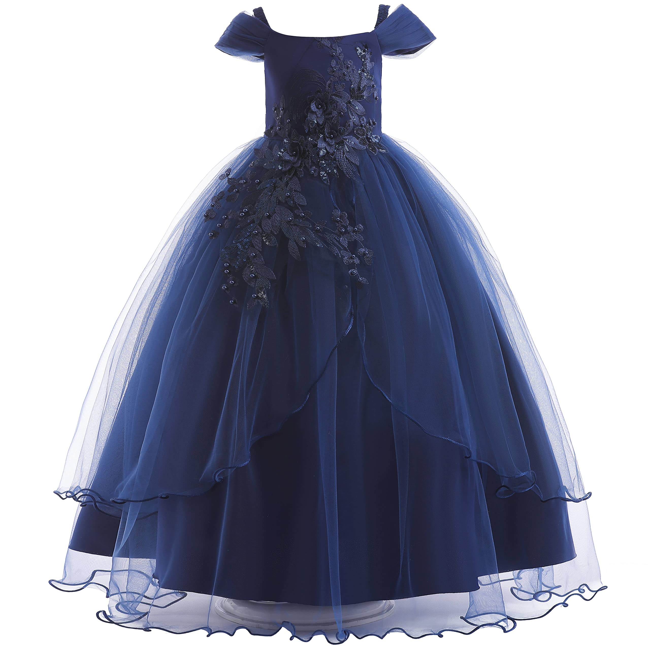 Photo 1 of Weileenice Navy Blue Flower Girls Dress 4 5 Cold Shoulder Vintage Embroidery Toddler Formal Wedding Birthday Lace Dresses Girl Princess Kids Pageant Bridesmaid Party Prom Tulle Ball Gown