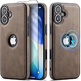 Casus Designed for iPhone 16 Plus Case Compatible with MagSafe Leather Slim Logo View Luxury Elegant Thin Cover with Tempered Glass Screen Protector (2024 6.7"- Grey