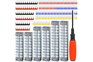 QCQIANG 139pcs (6Set) Terminal Block, 6Pcs 600V 15A 8/10/12 Positions Dual Row Screw Terminal Strip Block with Cover + 120Pcs Insulated Fork Wire Connector + 12Pcs Insulated Terminals Barrier Strip