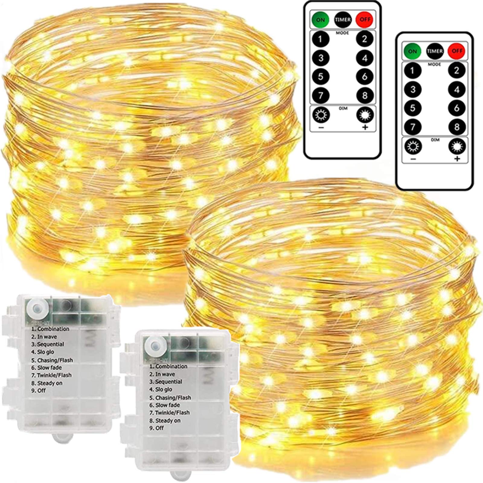 Chipark Fairy String Lights Battery, 120 LED 2 Pack 12m with Remote 8 Modes Waterproof Copper Wire Lights Decorative Lighting for Indoor/Outdoor Bedroom Photo Frame Garden Christmas (Warm White)