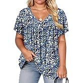 VISLILY Womens-Plus-Size-Summer-Tops Pleated V Neck T Shirts Short Sleeve Blouses Ruffle Flowy Tunics XL-5XL