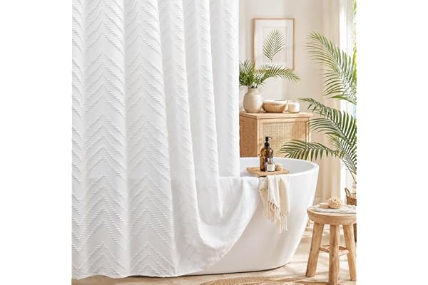 White Boho Fabric Shower Curtain 72 x 72 Inches, Modern Shabby Chic Textured Tufted Chevron Striped Minimalist Cloth Bathroom