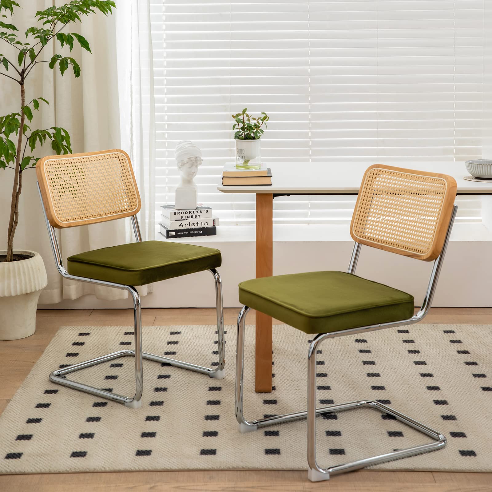 Photo 1 of HAZO Rattan Dining Chairs Set of 2,Green Velvet Accent Chairs with Woven Cane Back & Stainless Chrome Base, Modern Mid Century Designed Chairs, Upholstered Dining Room Kitchen Chairs(Green Velvet)
