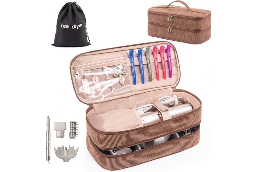 ELCUPA Double-layer Hair Tools Travel Case with Black Hair Dryer Bag with Detachable Divider compatible with Shark FlexStyle/SmoothStyle – Flat Curling Iron Travel Organizer