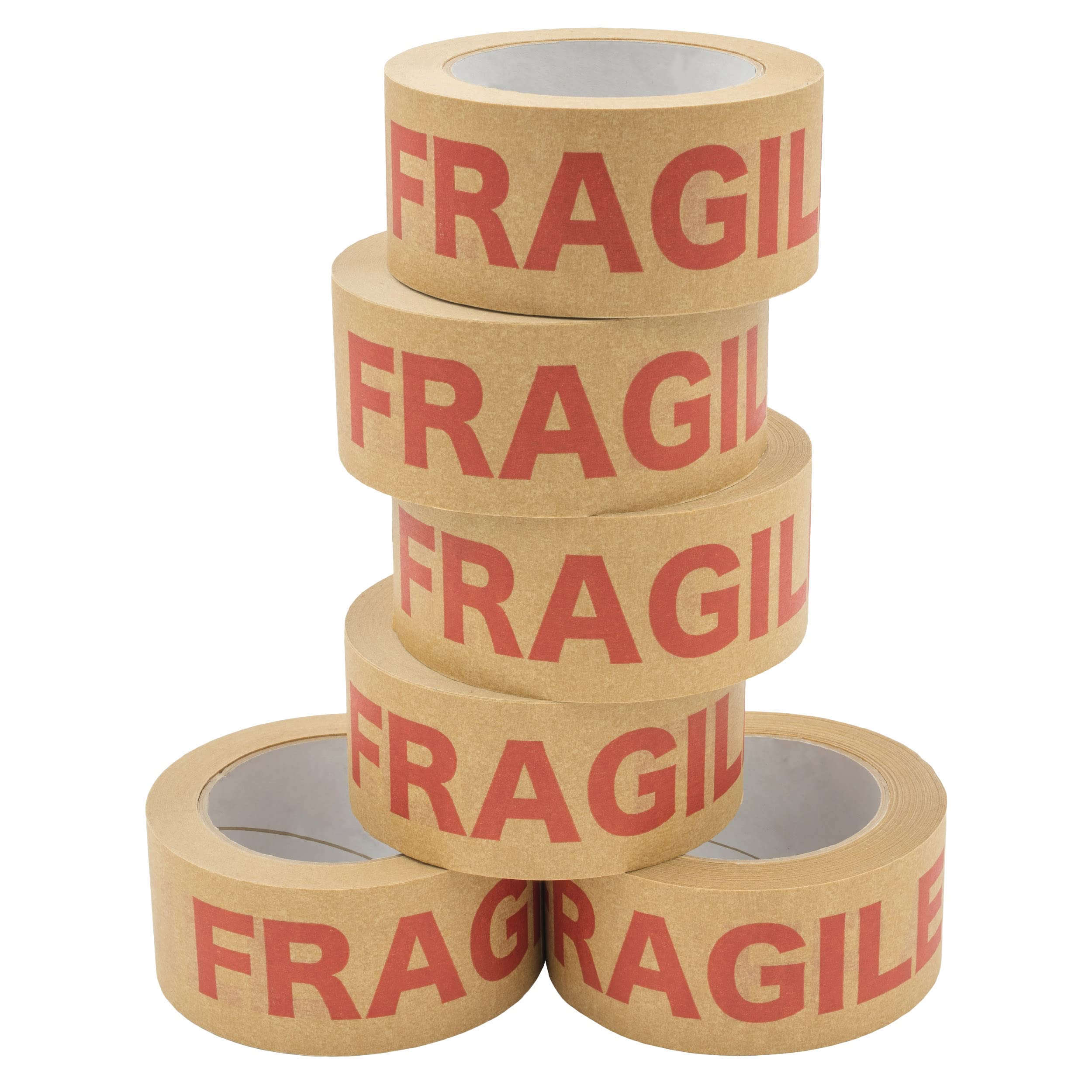 NATEE Strong Paper Packaging Tape | Eco-Friendly | Fully Recyclable | Fragile Printed Kraft Paper for Packing Parcels and Boxes | Brown Paper Packaging for Moving House | 50m x 50mm Width | 6 Rolls