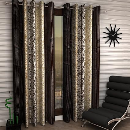 Home Sizzler Abstract 2 Piece Eyelet Polyester Door Curtain Set - 7ft, Brown