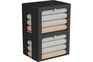 FHSQX 2 Pack Clothes Storage Bins Foldable Metal Frame Storage Box Large Capacity Linen Fabric Organizer Set with Carrying Handles and Clear Window (Black, 19.7x 15.7x 12.6 Inch)