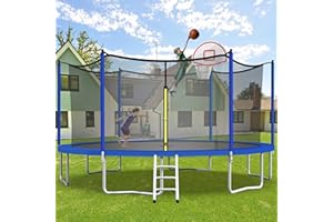 UBGO 15FT/16FT Trampoline,Outdoor Trampoline with Enclosure Net,Round Trampoline with Ladder&Basketball Hoop,Outdoor Backyard Trampoline for Kids Family Happy Time-Blue