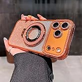 LXK Magnetic Stand for iPhone 17 Pro Max Case [Compatible with Magsafe][Built-in Camera Lens Protector] Glitter Bling Card & Soft TPU Diamonds Bumper Protection Cover for Women Girls, Cosmic Orange