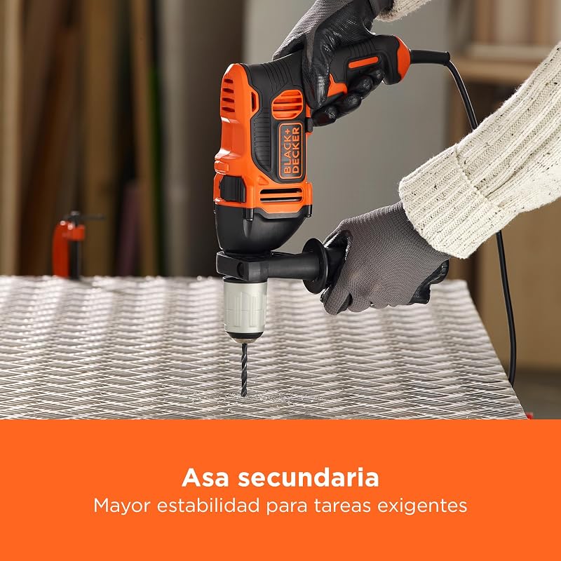 Taladro percutor de 1 marcha 850W, velocidad variable, bloqueo del eje, compacto y ligero, incluye 6 brocas y caja de herramientas, BEH850K-QS