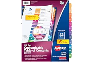 Avery 12 Tab Dividers for 3 Ring Binders, Customizable Table of Contents, Multicolor Tabs, 6 Sets (11196)
