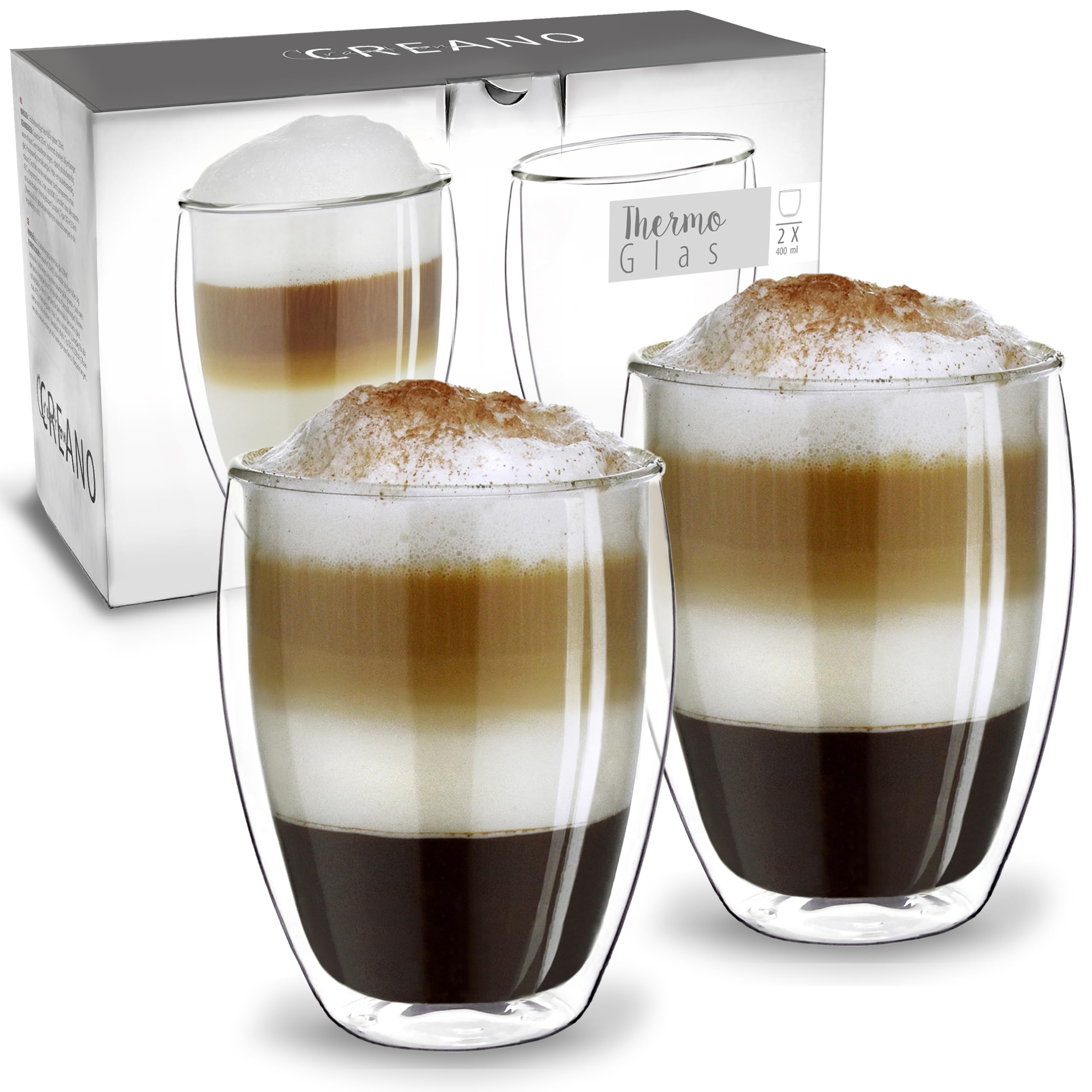 Creano Double Walled Coffee Glasses 400ml - Insulated Latte Macchiato Cups - Cappuccino, Tea - Handmade Heat Resistant Mugs - 2 pcs (Pack of 1)
