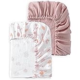 TADO MUSLIN Baby Crib Sheets 2 PCS, 100% Organic Cotton Crib Sheet for Standard Crib Mattress(52”x 28”), Fitted and Soft Breathable Muslin Crib Mattress Sheet for Girl and Boy (Rainbow, Pink)