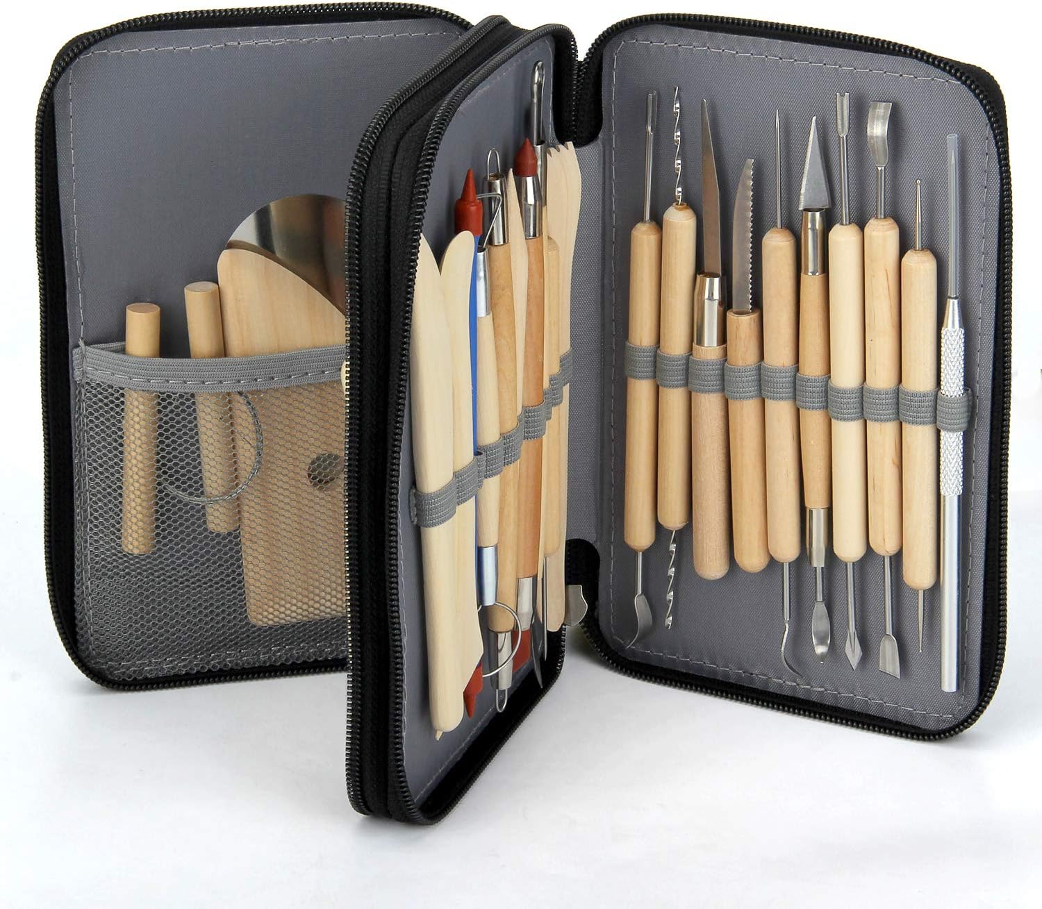 Blisstime Set of 30 Clay Sculpting Tool Wooden Handle Pottery Carving Tool Kit Carrying Case Apron
