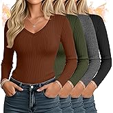 Sweetyweee 4 Pack Women's Thermal Shirts Long Sleeve Ribbed Cotton Tops V Neck Fitted Winter Undershirts Basic Base Layer