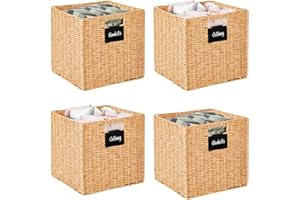 DECOMOMO Wicker Baskets Storage Organization Waterproof Plastic Storage Cubes for Toys, Books, Clothes (Set of 4 - Brown)