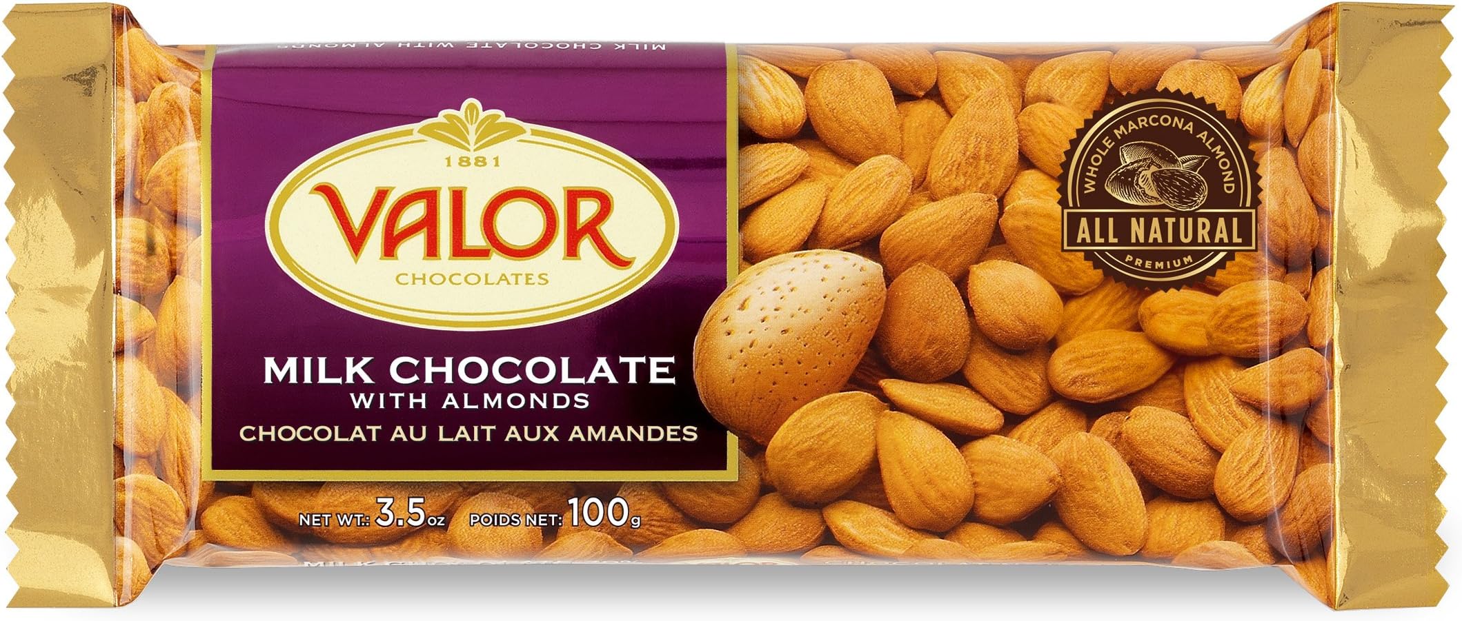 Valor Chocolates Milk with Marcona Almonds Bar, 3.6 Ounce