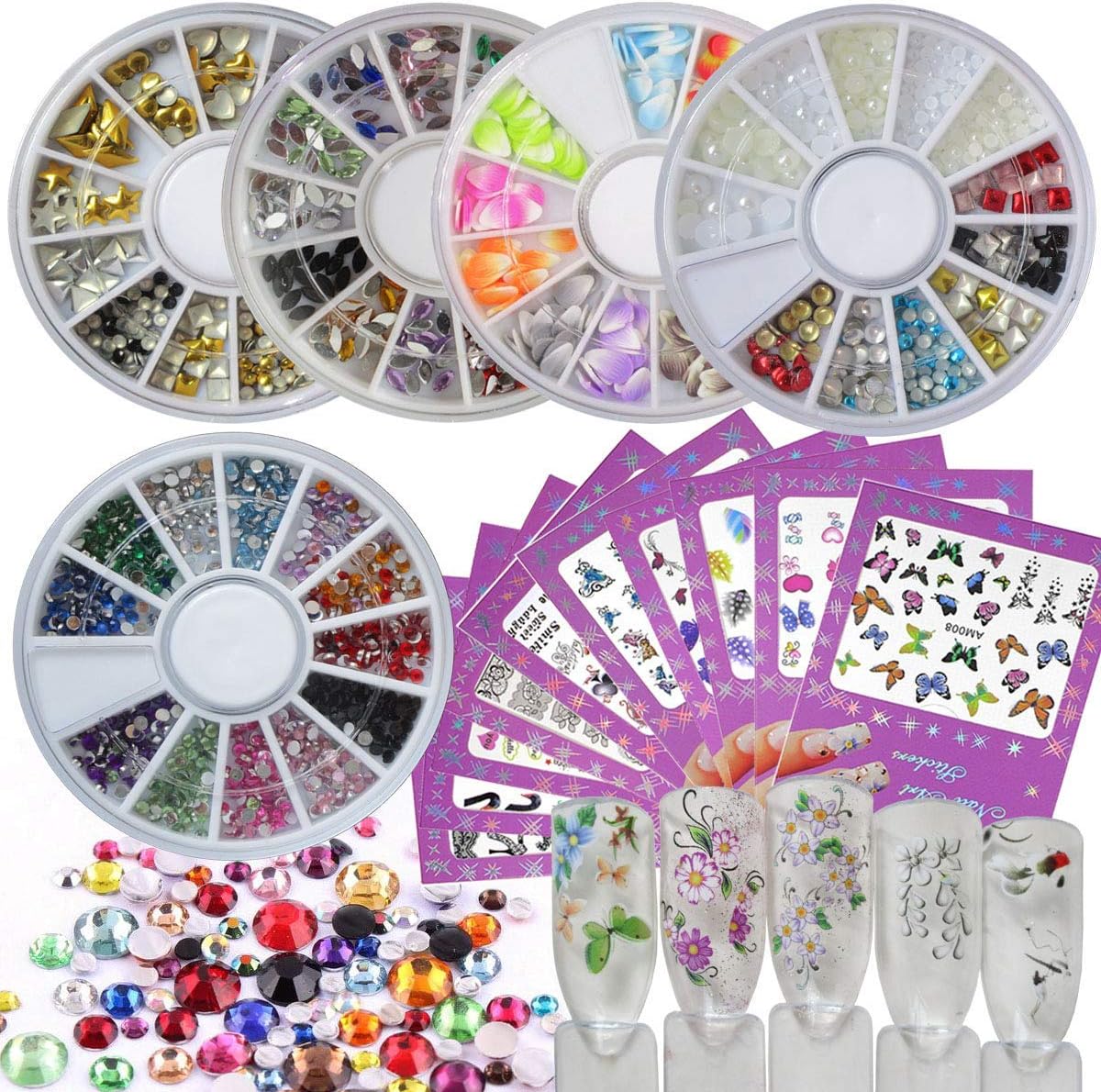 Nail Rhinestones Charms Set 10 Sheets Nail Art Stickers Decals 5 Box Nail Rhinestones Tools Accessories Manicure Pedicure Kit for Teens Girls Women (Set A)