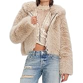 Karwuiio Women Faux Fur Coat Fluffy Long Sleeve Zip Hooded Open Front Shaggy Jacket Warm Short Outwear