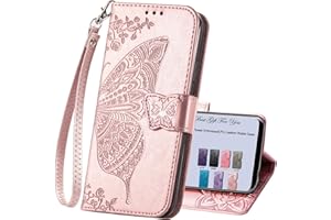 HAOTP for Samsung Galaxy A15 5G Phone Case Wallet,Women Flip Folio Cover Credit Card Holders Emboss Butterfly Flower PU Leather Purse Wrist Strap Kickstand Case for Samsung Galaxy A15 5G Rose Gold