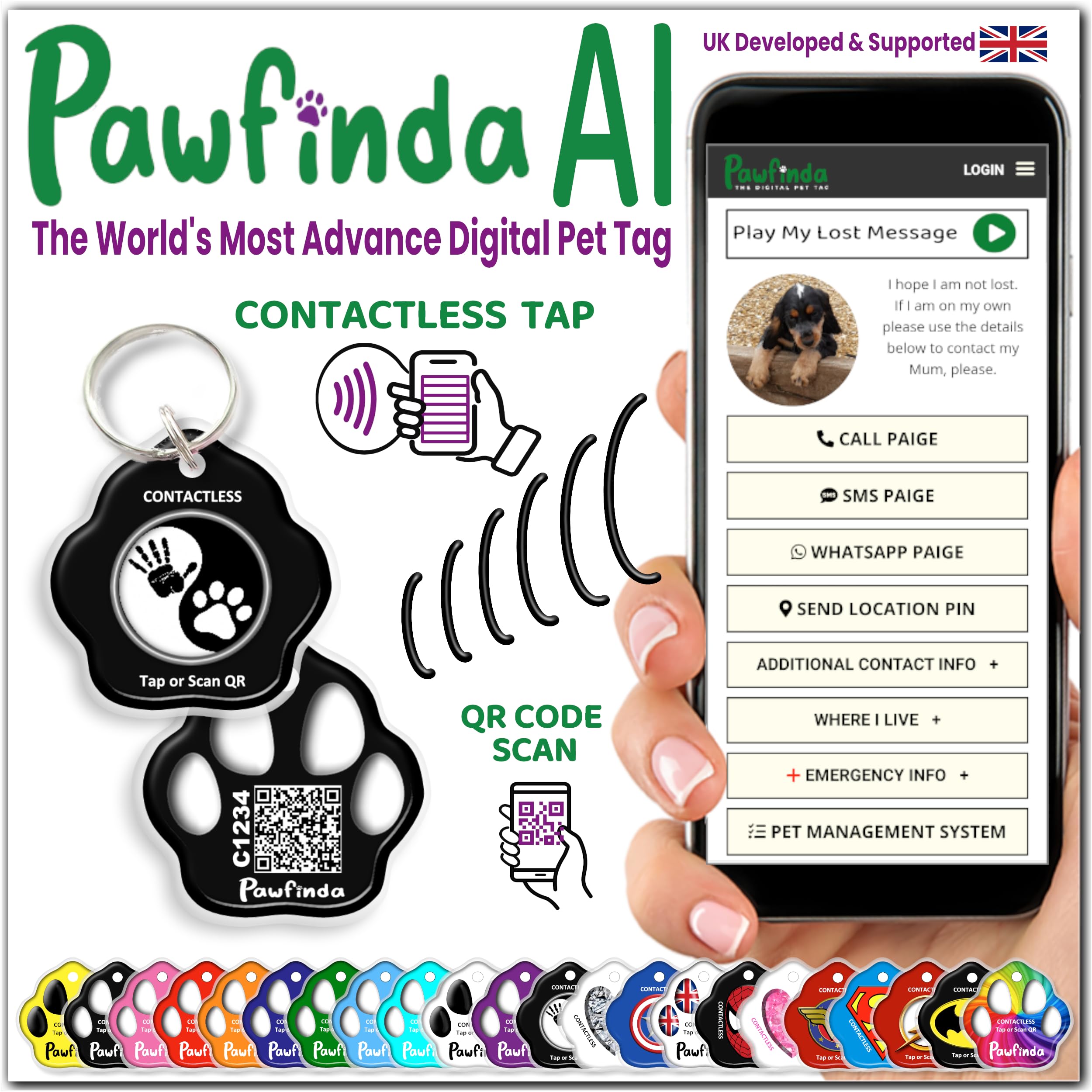 PAWFINDA – Next-Generation Personalised Cat & Dog ID Tag | Engraved Pet Tag with CONTACTLESS NFC, QR Code Technology & PawVoice AI | No App Required | Waterproof & Durable | UK-Based Support