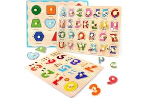 KERARME Wooden Montessori Toddler Puzzles, Wooden Peg Alphabet Number Shape Puzzles Toddler Learning Puzzle Toys for Kids 1-3 Years Old Boys & Girls, Montessori Early Education Puzzle for Toddlers