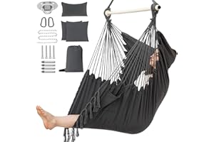 PNAEUT Hammock Chair XXL Size, Hanging Chair, Swing Chair, Max 550 Lbs, Patented Headrest, 2 Cushions, Large Macrame with Pocket, Steel Spreader, Hardware Kits and Bag for Indoor Outdoor (Dark Grey)