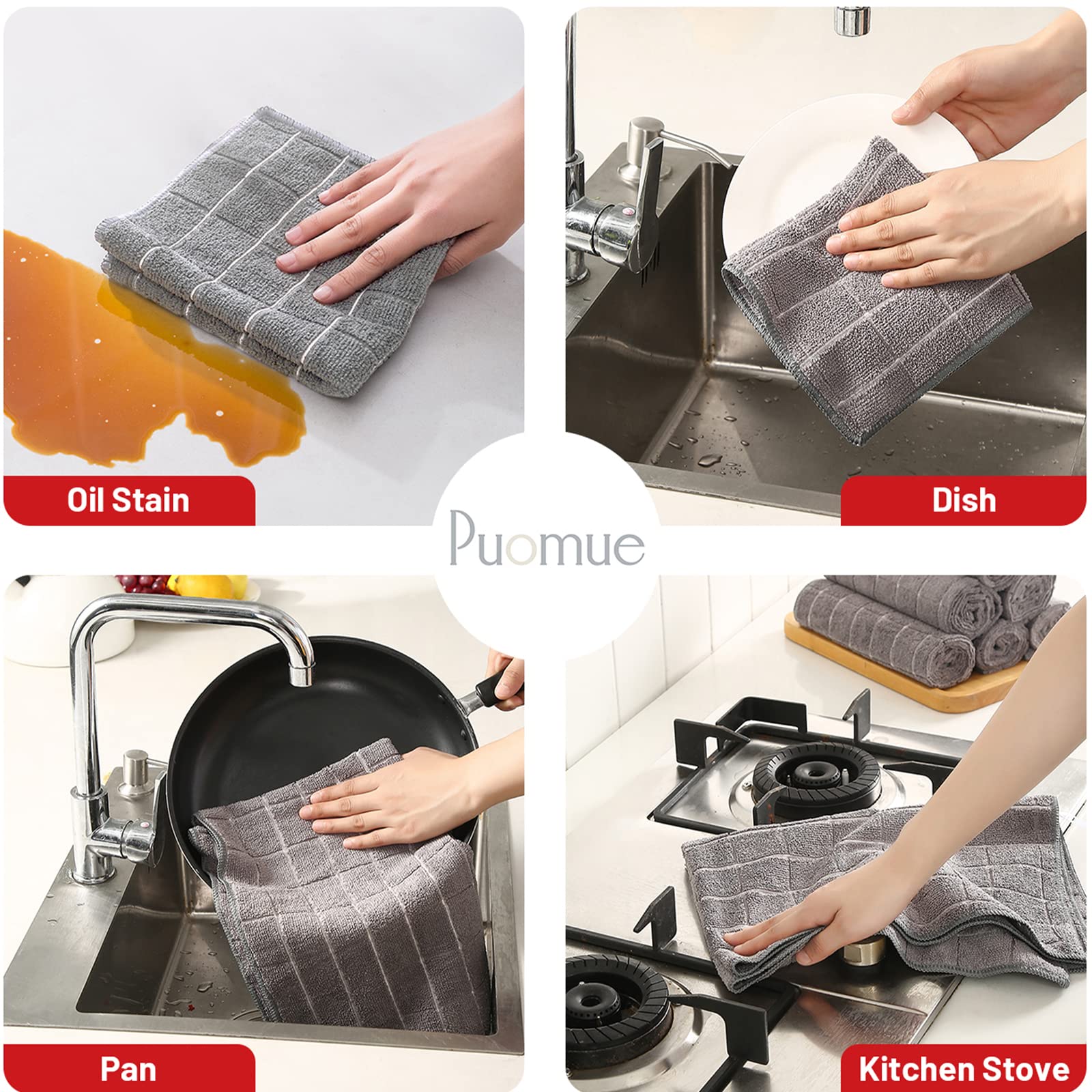Microfiber Kitchen Towels and Dishcloths Set, 26 X 18 Inch and 12 X 12 Inch, Set of 12 Bulk Lint Free Dish Towels for Drying Dishes, Grey
