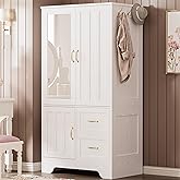 LIKIMIO Wardrobe Closet with Mirror and Doors and Drawers and Shelves, Wooden Armoire Storage Cabinet with Hanging Rod for Be