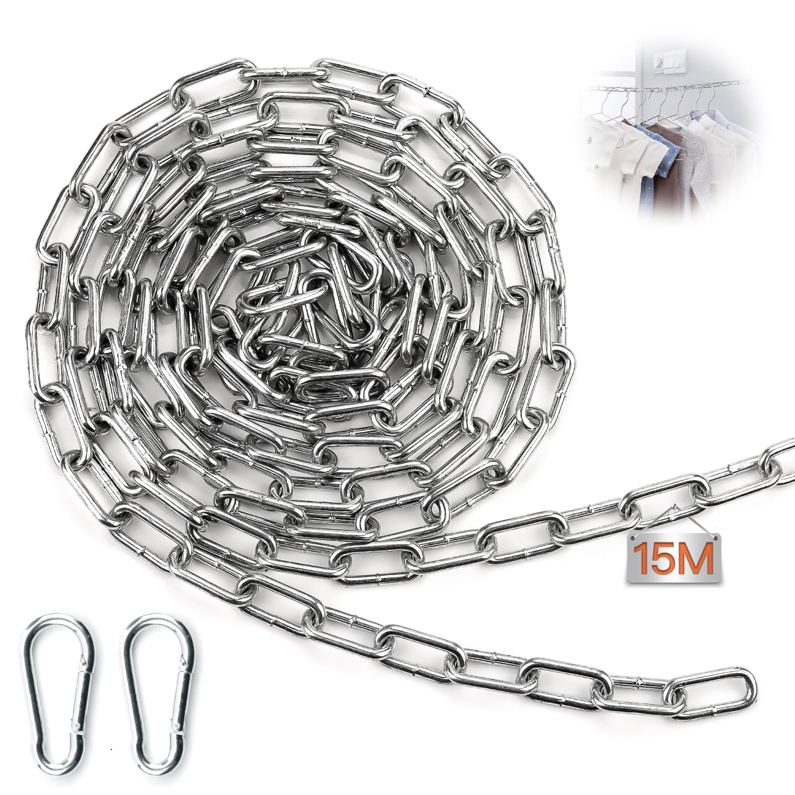 Mbsomnus 15 Metres Heavy Duty Chain 3 mm Metal Chain Steel Chain Galvanized Chain Links Steel Welded Link with Carabiner Thick Chain for Gate Padlock Outdoor Lifting Hanging Swing Chain Pet Chain