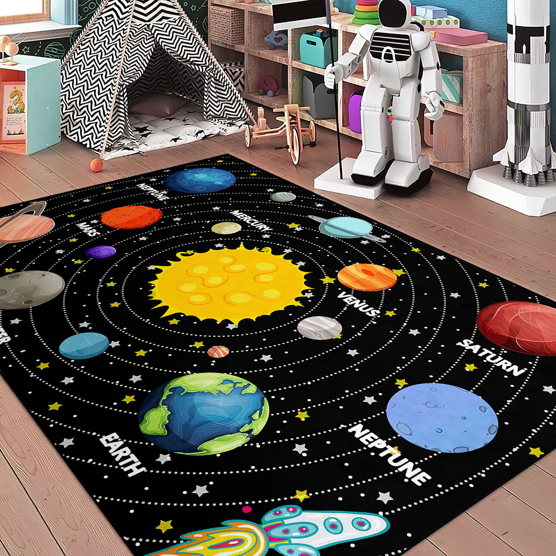Photo 1 of Boys Rugs for Bedroom Kids Rugs for Playroom Kids Carpet for Bedroom Boys Outer Space Large Area Carpet Memory Foam Thicken Kids Play Mats, Space, 5'×7'