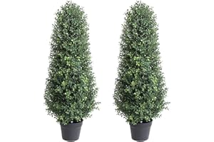 Damomo 3ft Artificial Topiary Boxwood Tree UV Resistant, Outdoor Faux Shrub 2 Packs,Artificial Topiaries Boxwood Trees with Black Pot,Fake Green Plants Potted Decorative Indoor Porch or Garden（35inch）