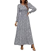 Annebouti Women's 2026 Spring Casual Long Sleeve Maxi Dress Boho Floral Smocked A-Line Modest Wedding Guest Long Dresses