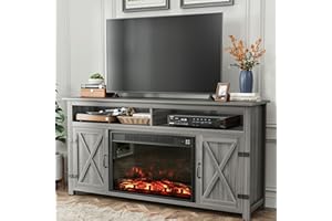 YESHOMY Fireplace TV Stand for Television up to 65+ Inch with Storage and Farmhouse Barn Doors, Entertainment Center with Cabinet and Shelves, Media Console for Living Room, Gray Wash