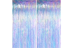 Melsan Iridescent Foil Fringe Backdrops Party Decorations - 2 Pack 3.2 x 6.5 ft Metallic Tinsel Photo Backdrop Curtains for M